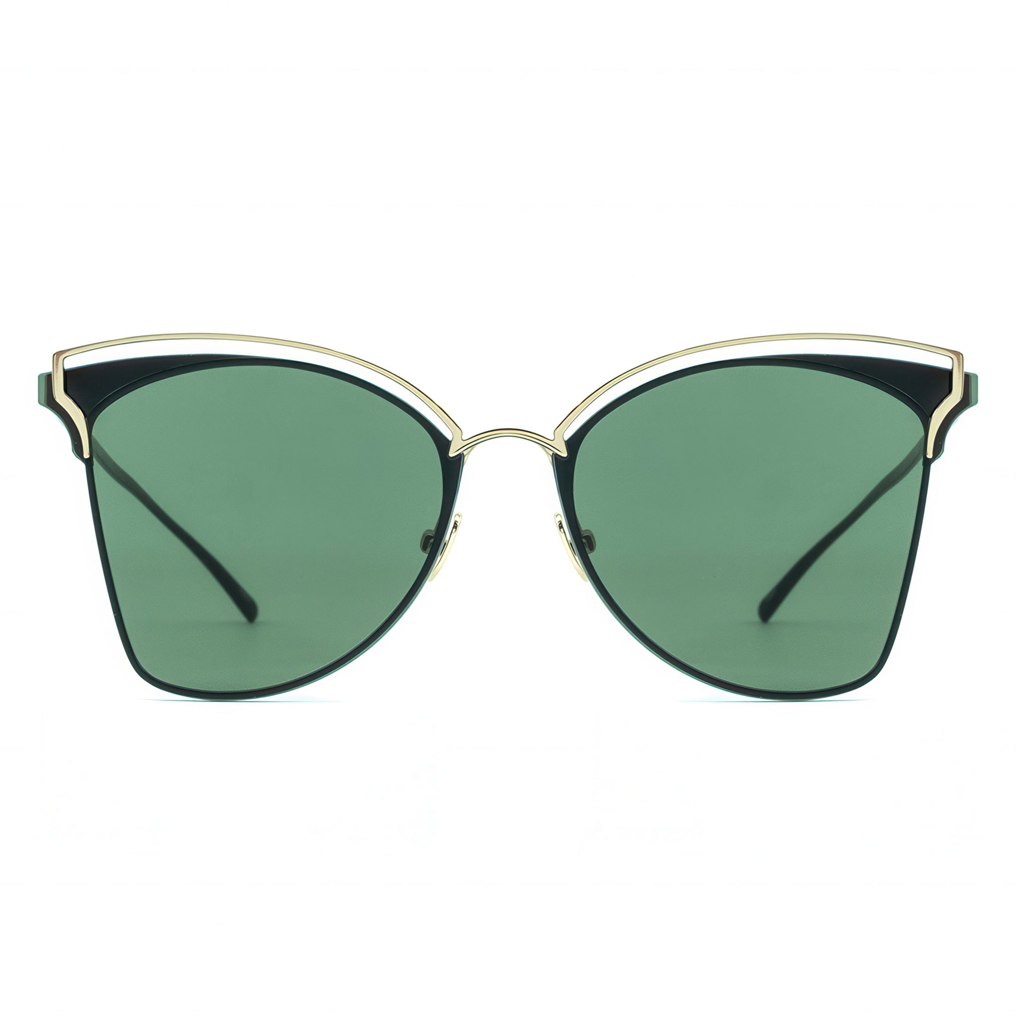 Sunglasses with green lenses and gold frame on a white background