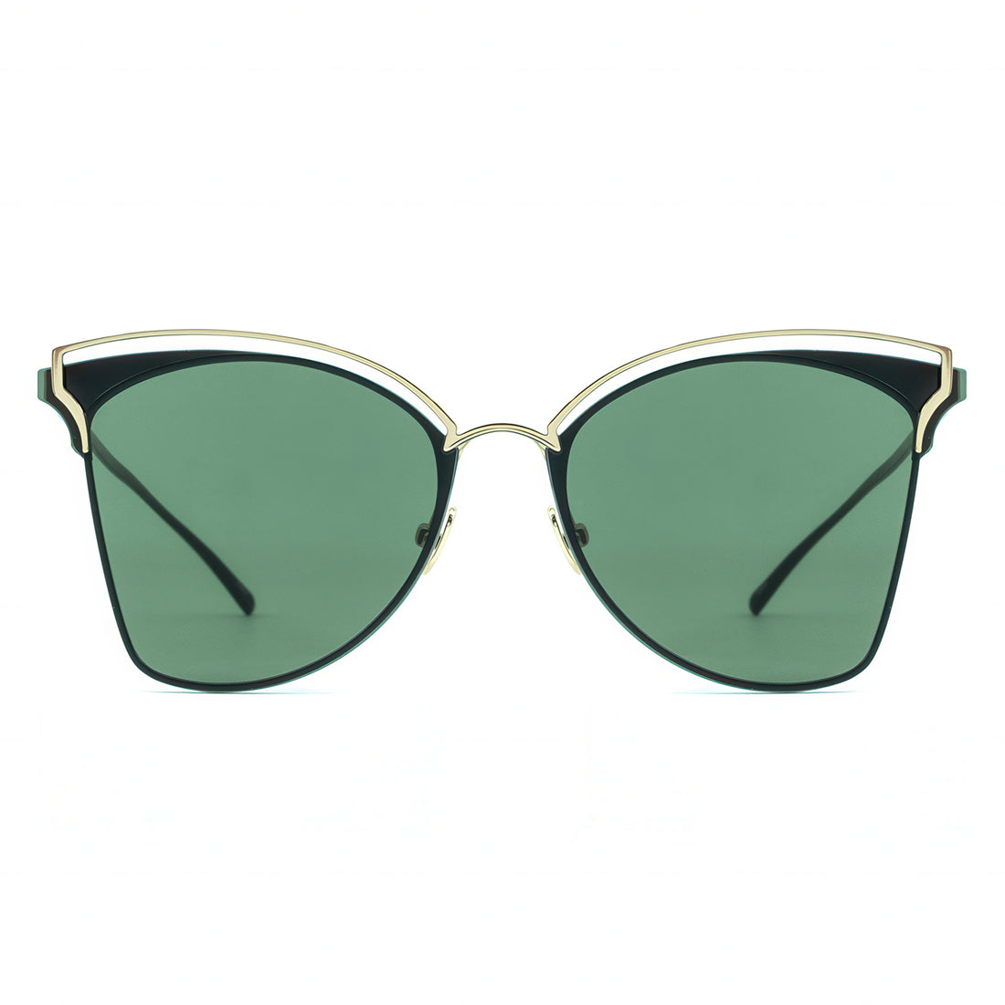 Sunglasses with green lenses and gold frame on a white background