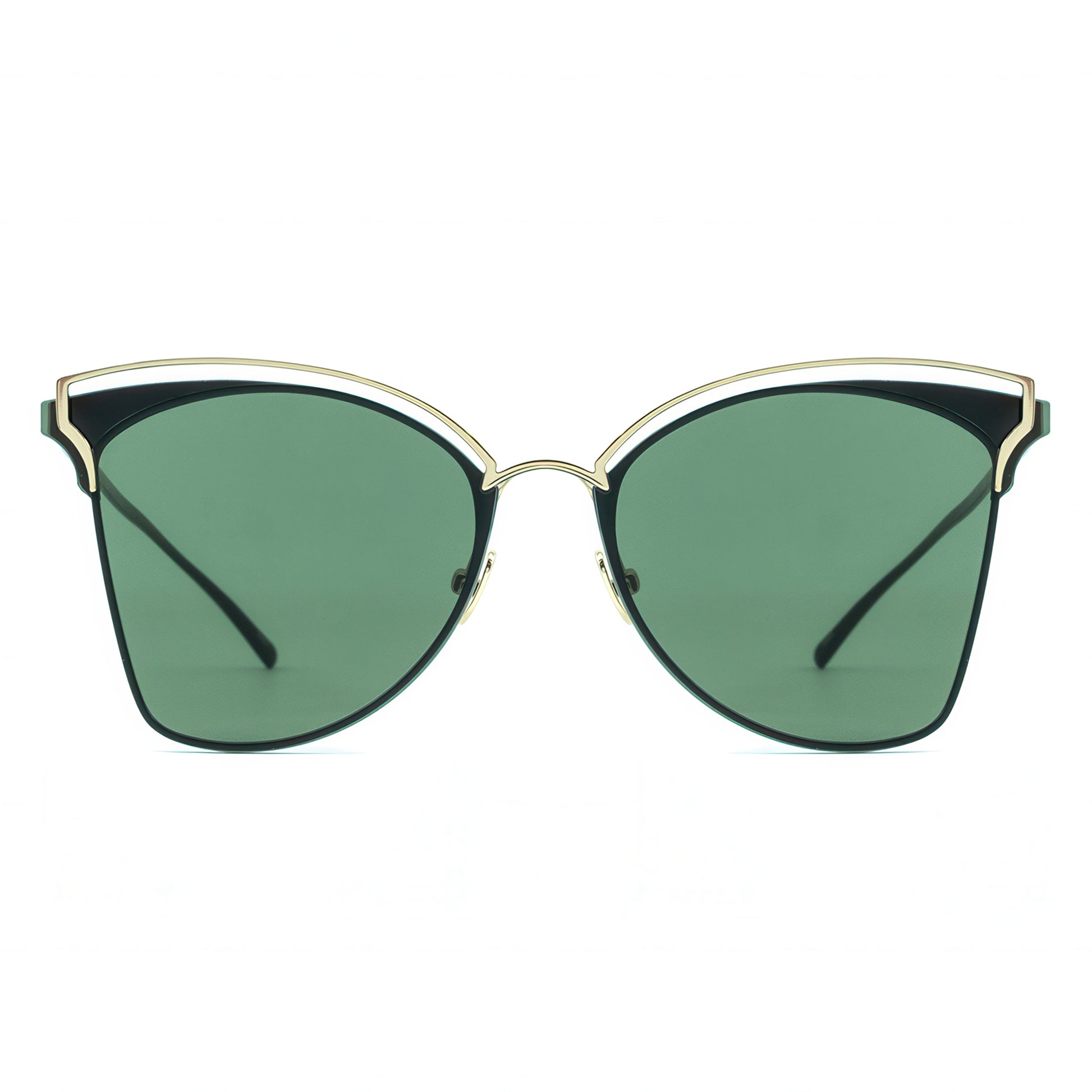 Sunglasses with green lenses and gold frame on a white background