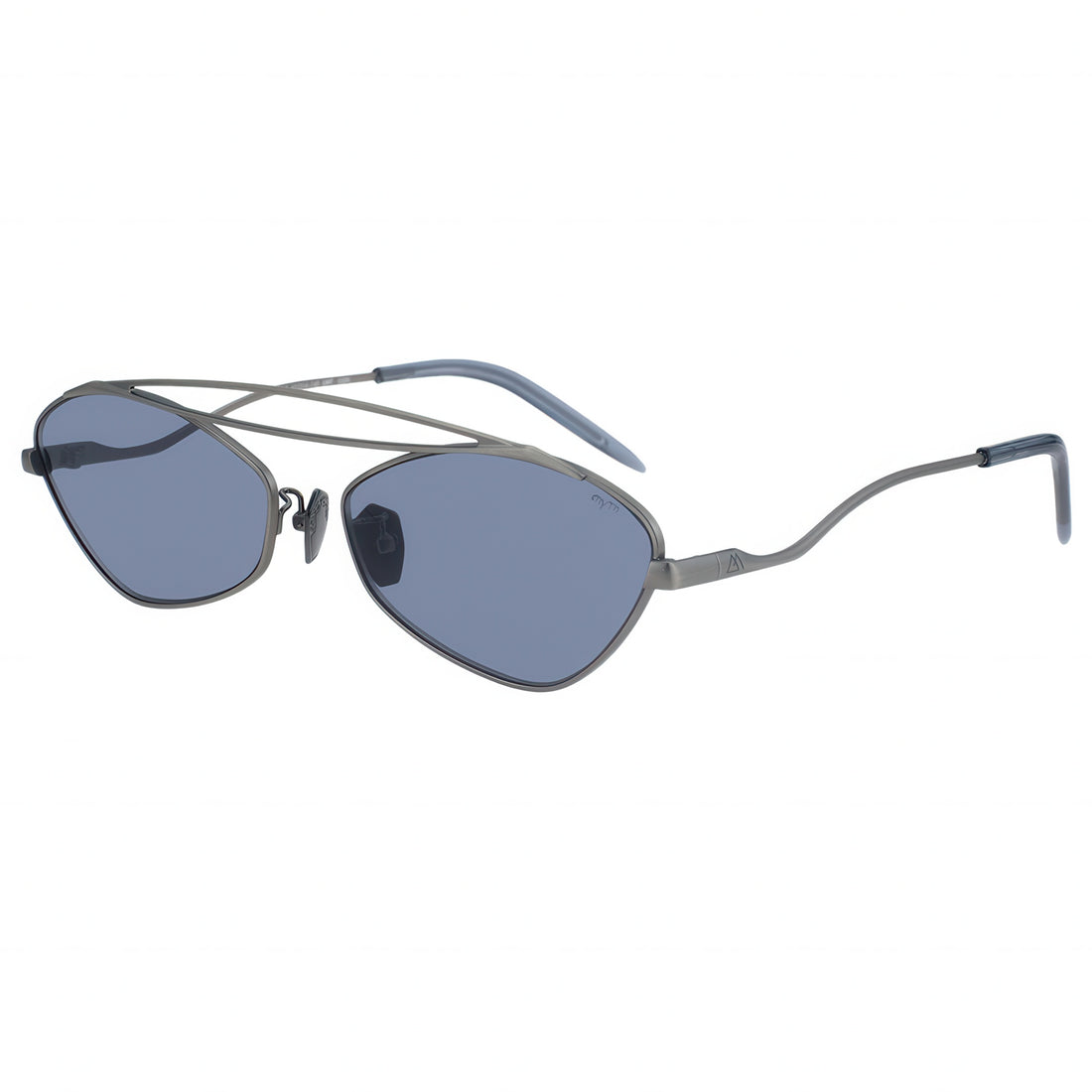 Sunglasses with black frame and blue lenses on a white background