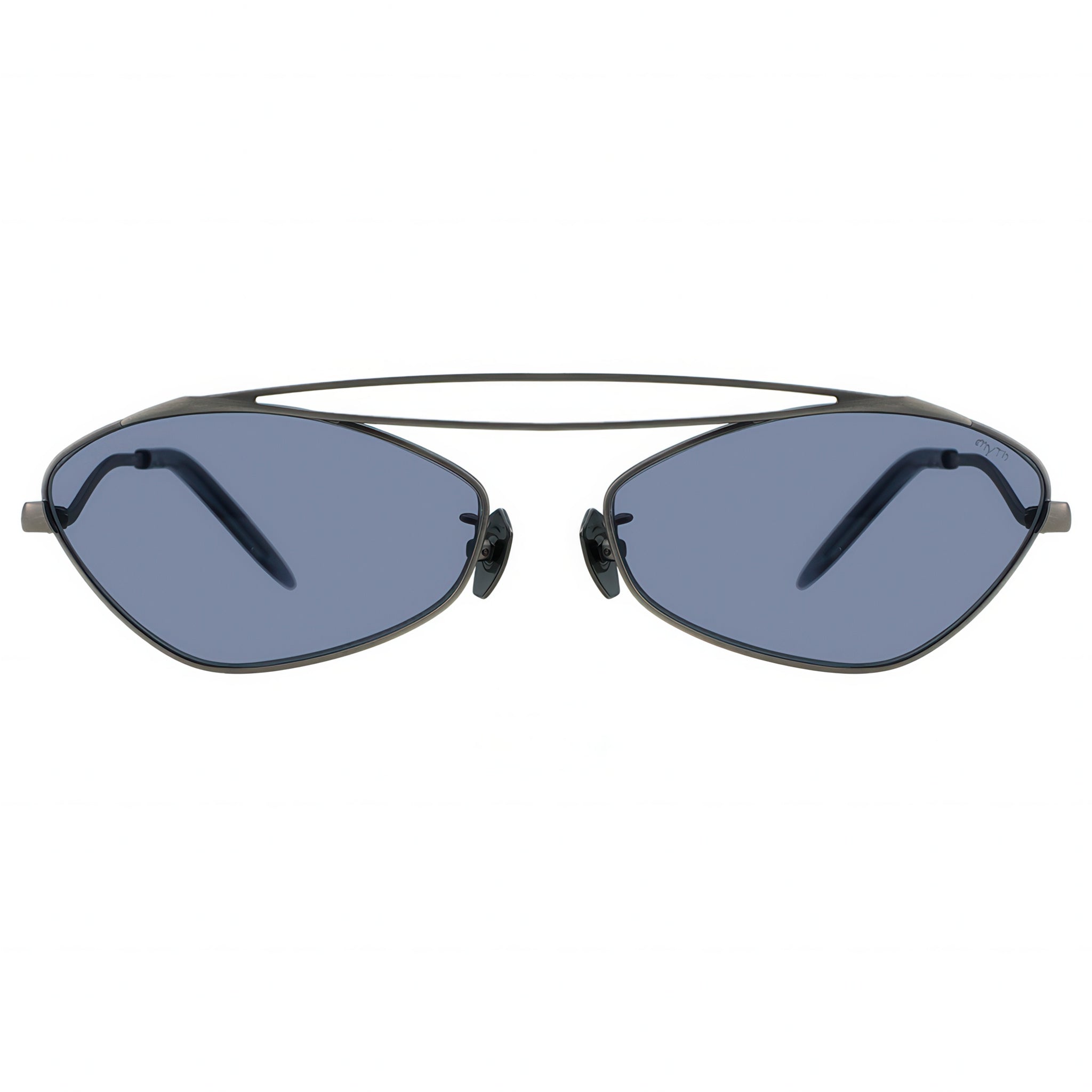 Sunglasses with black frame and blue lenses on a white background
