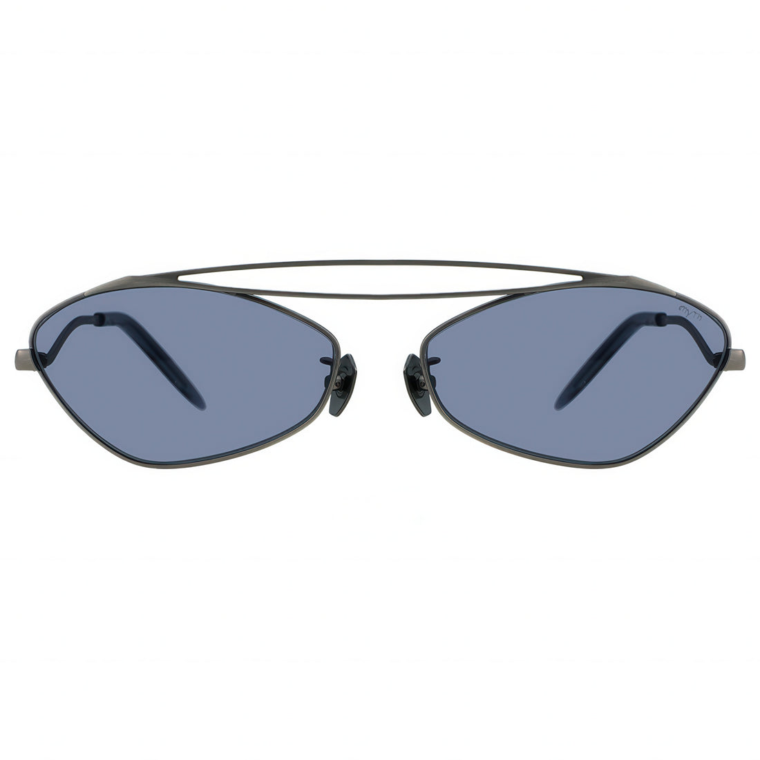Sunglasses with black frame and blue lenses on a white background
