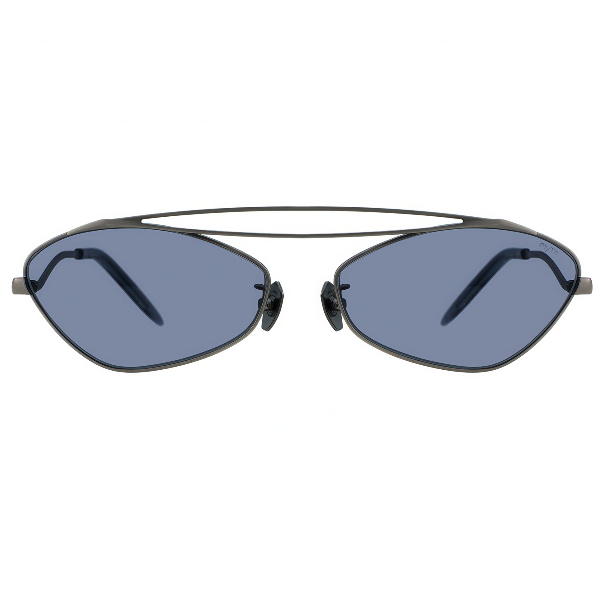 Sunglasses with black frame and blue lenses on a white background