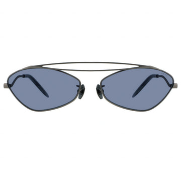 Sunglasses with black frame and blue lenses on a white background