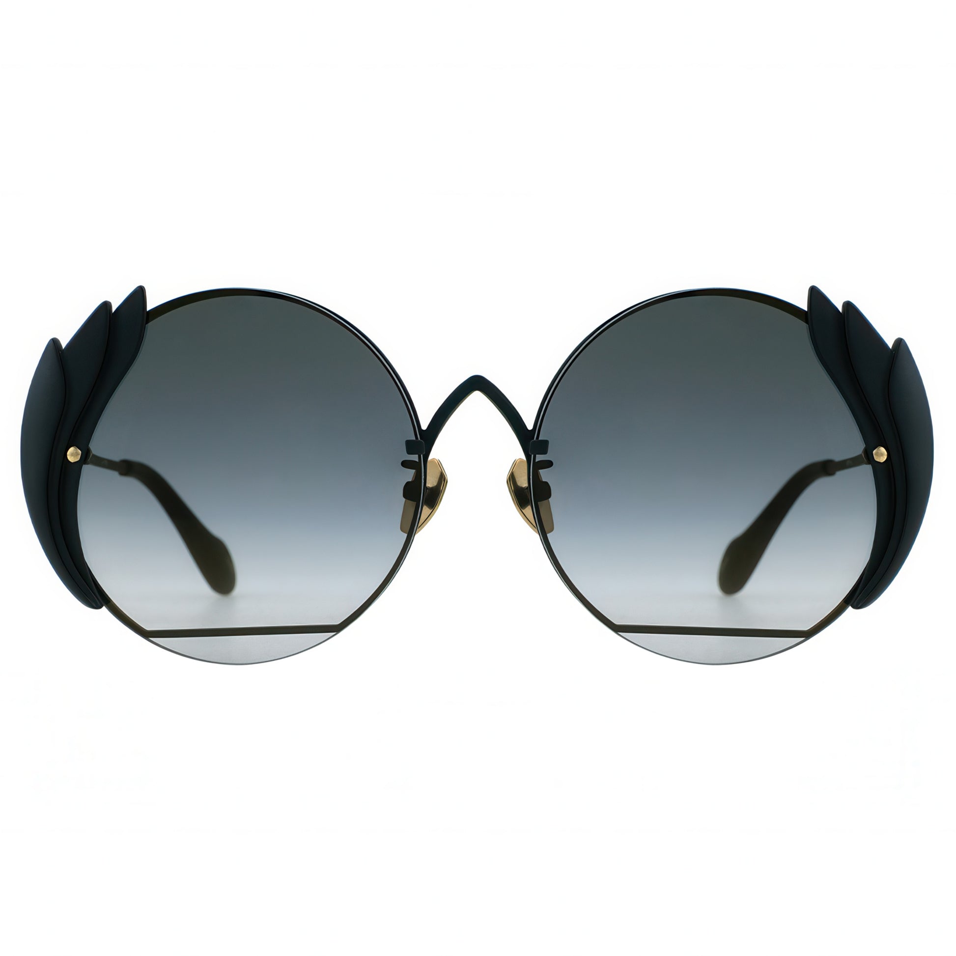 Sunglasses with black frames and gradient lenses on a white background