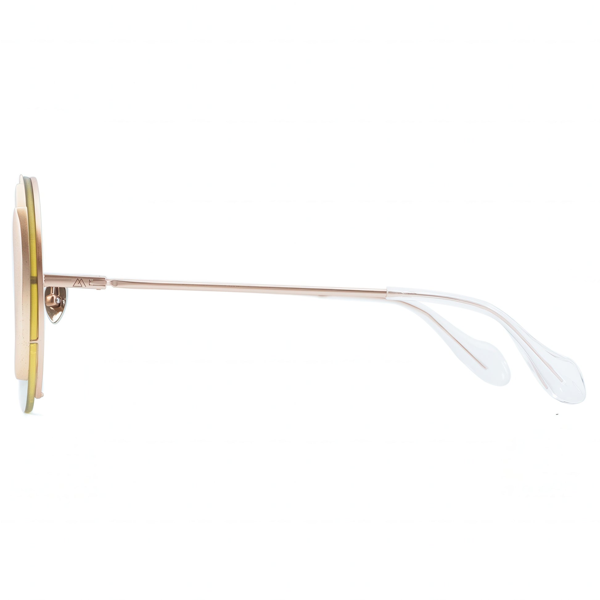 Gold-framed sunglasses with clear arms on a white background