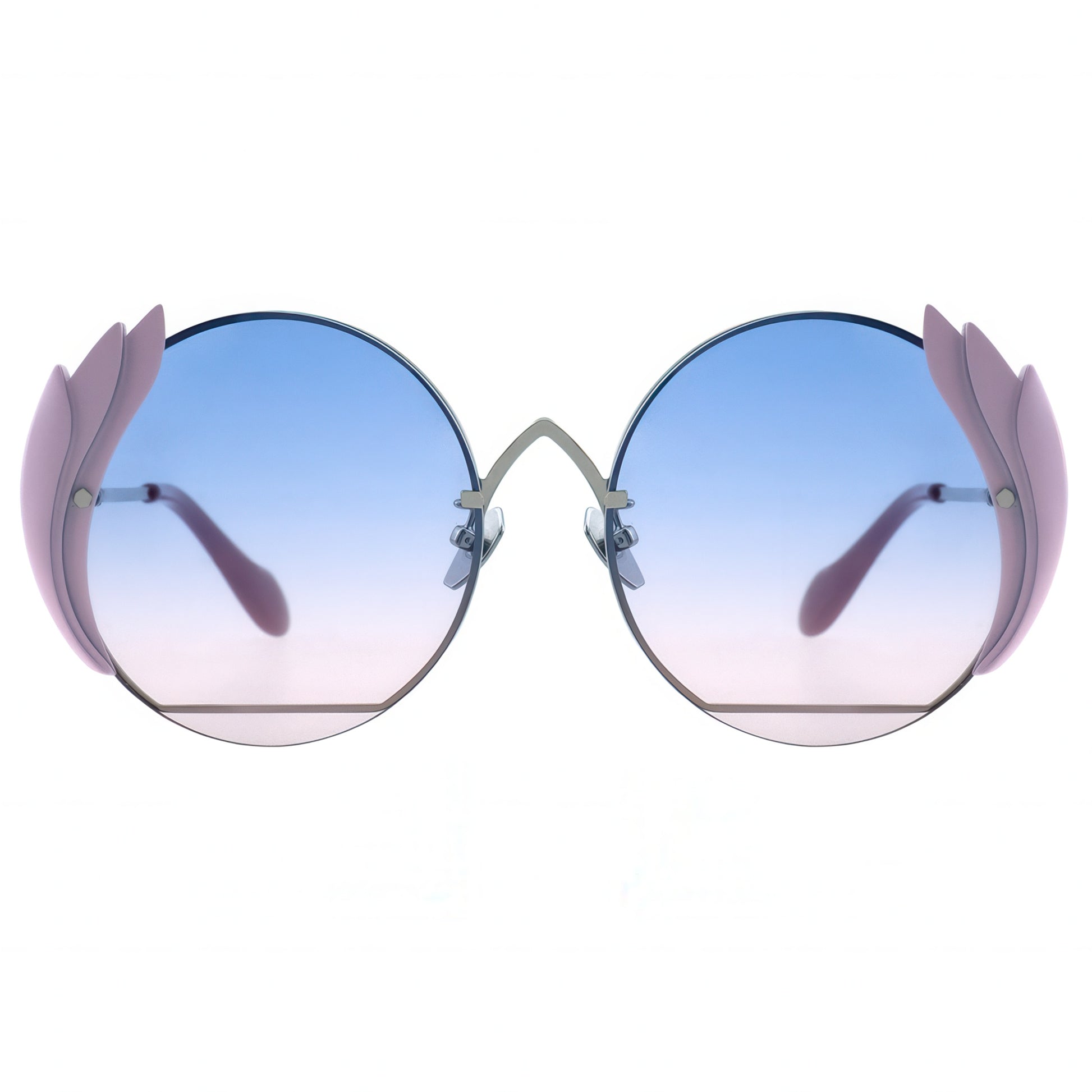 Round sunglasses with pink and blue gradient lenses on a white background