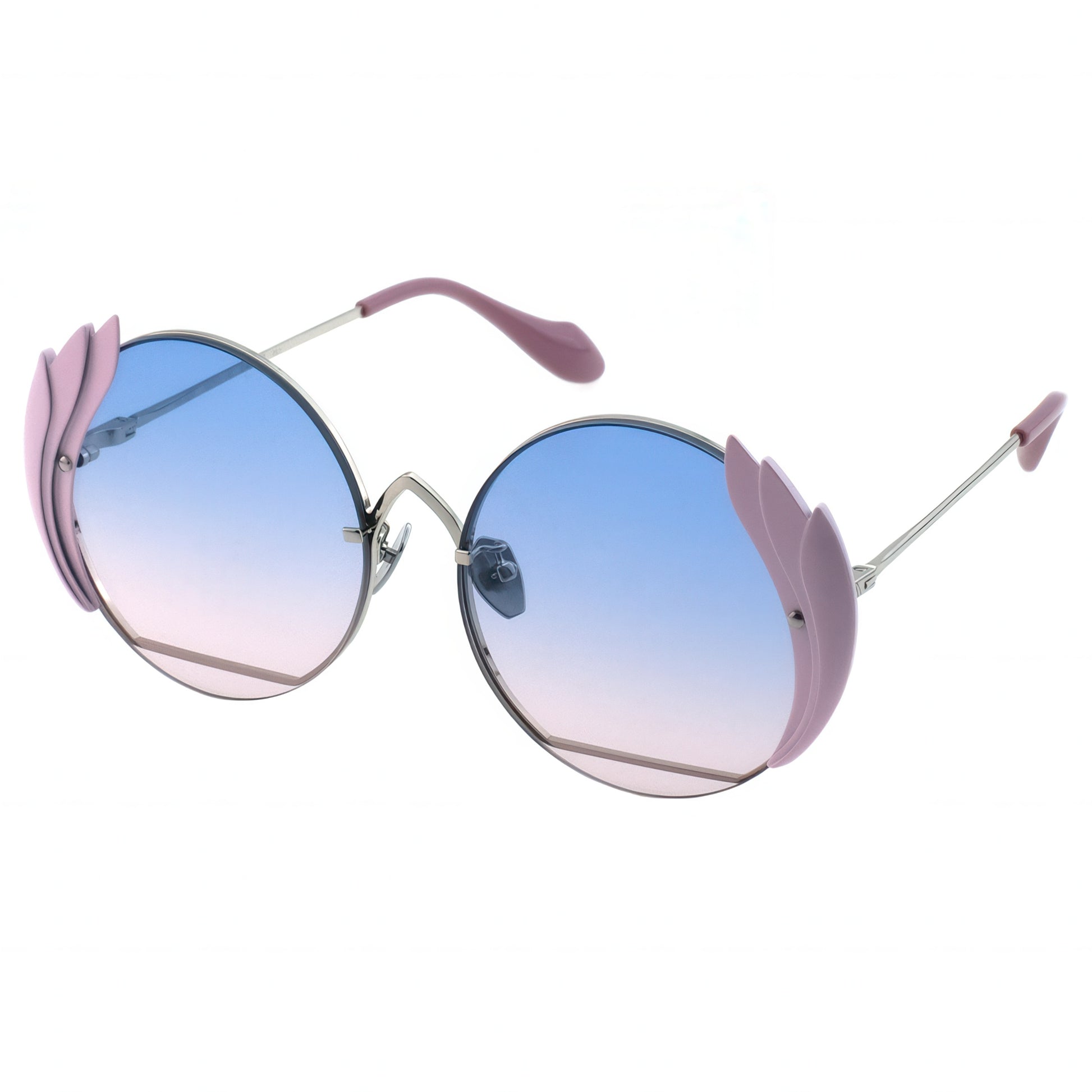 Sunglasses with pink and blue gradient lenses on a white background