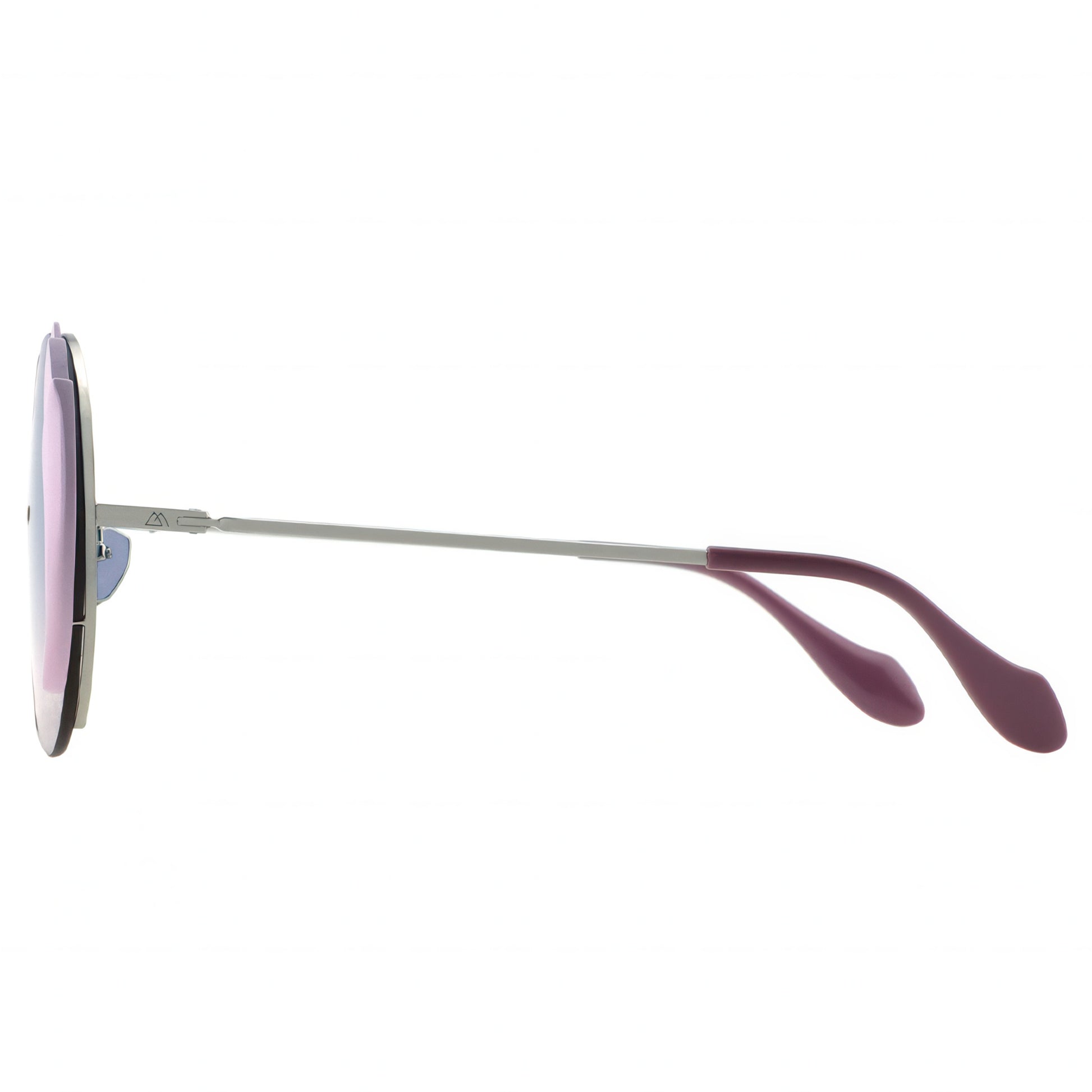 Sunglasses with pink lenses and purple arms on a white background