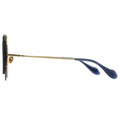 Sunglasses with gold frame and blue arms on a white background