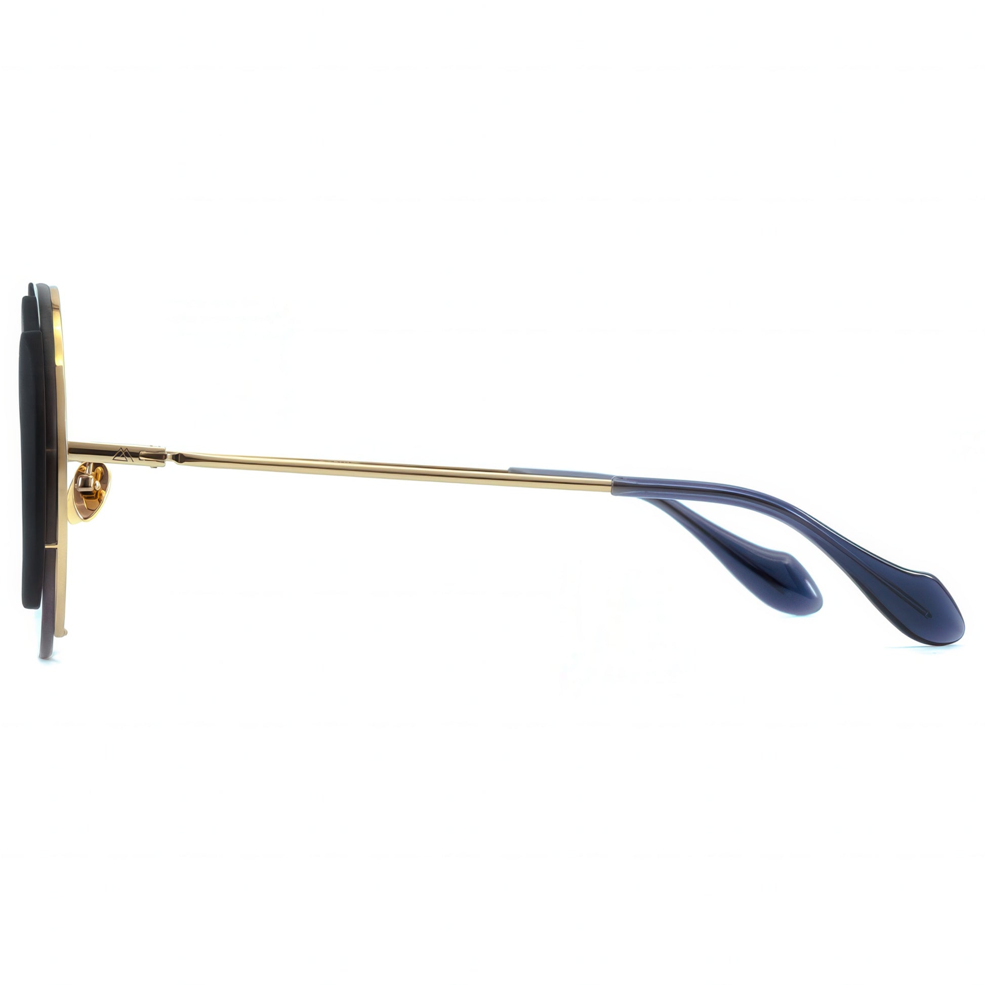 Sunglasses with gold frame and blue arms on a white background
