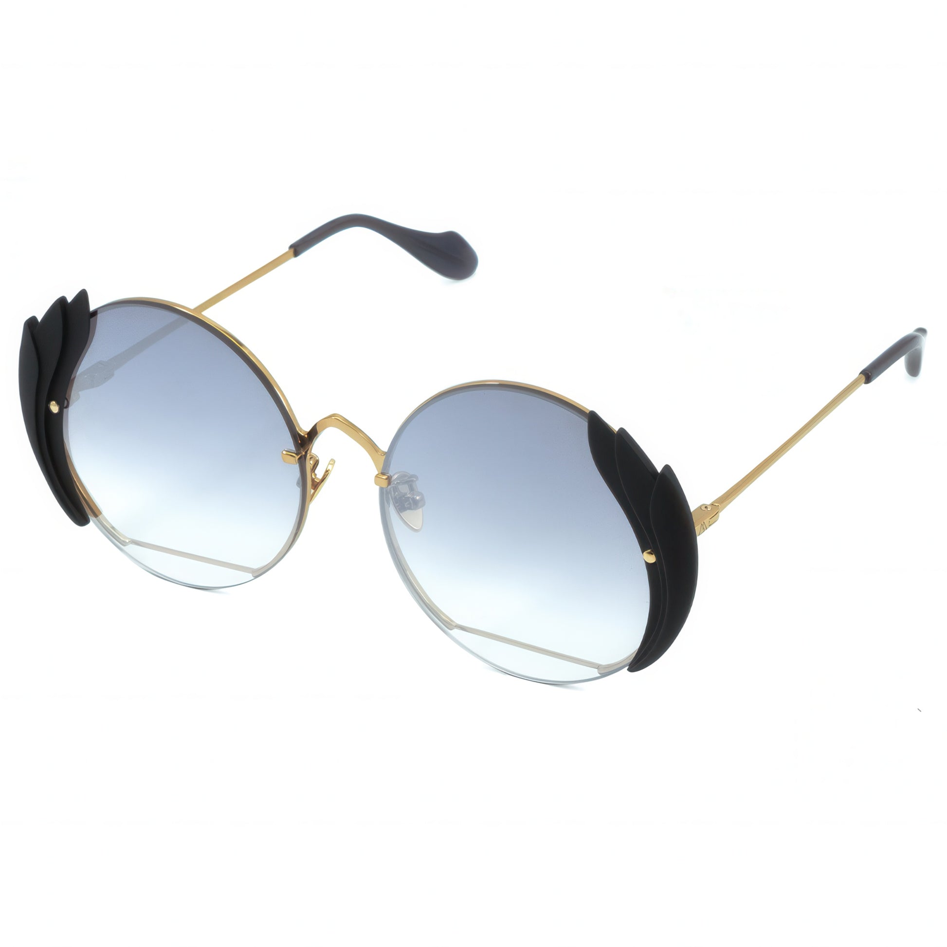 Sunglasses with black leaf-like temple ends on a white background