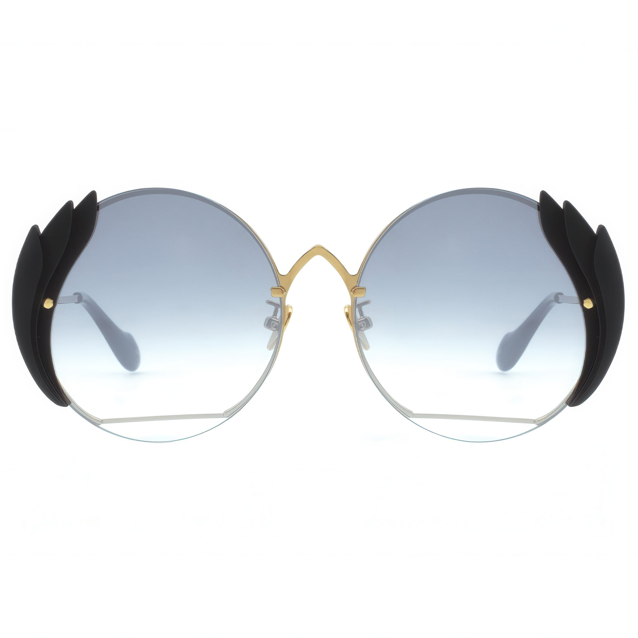 Sunglasses with black wing-like extensions on a white background