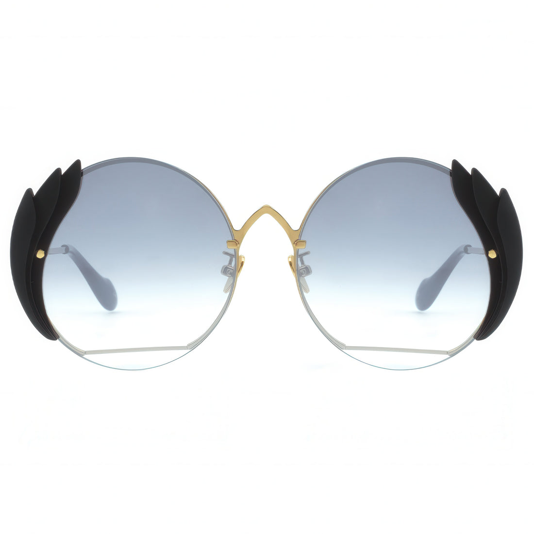 Sunglasses with black wing-like extensions on a white background