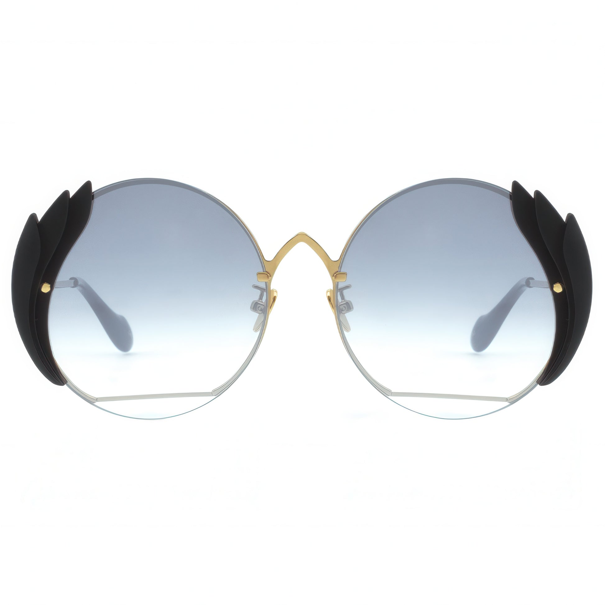 Sunglasses with black wing-like extensions on a white background