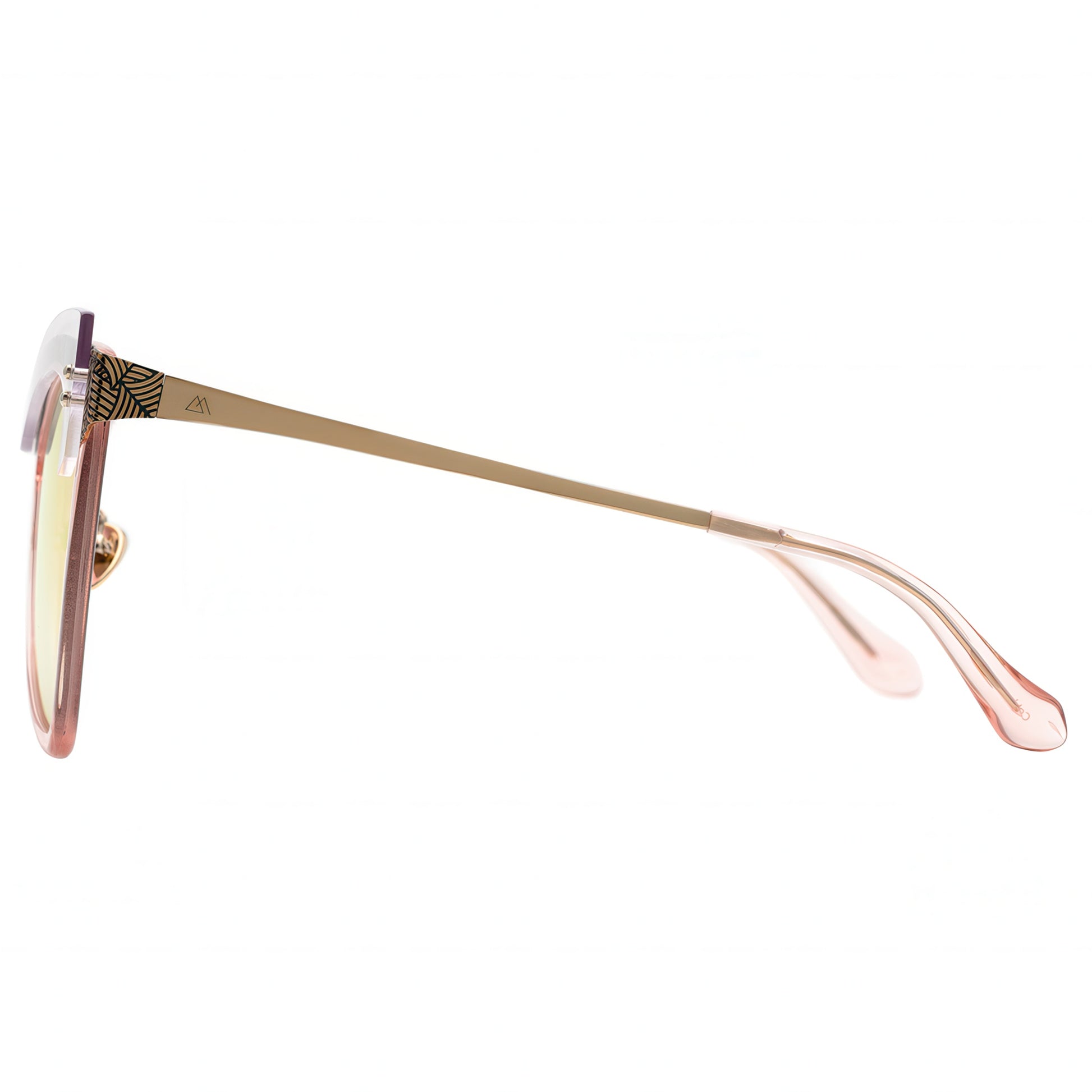 Sunglasses with a gold frame and pink-tinted lenses on a white background