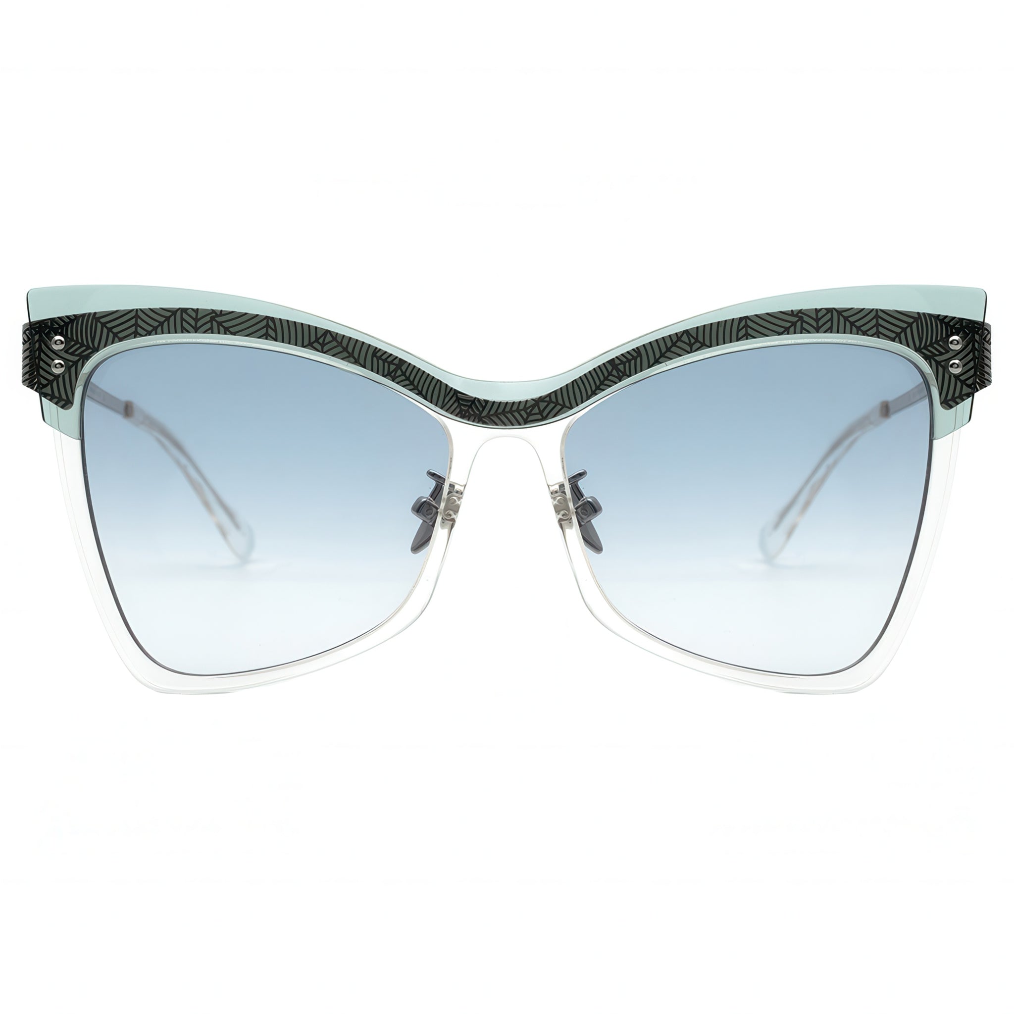 Butterfly sunglasses with blue lenses on a white background