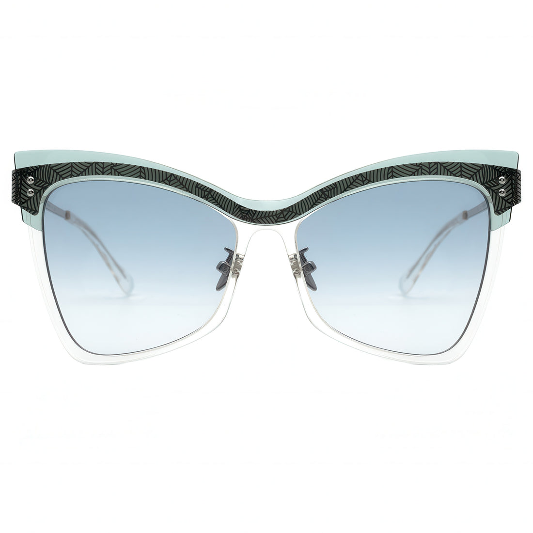 Butterfly sunglasses with blue lenses on a white background