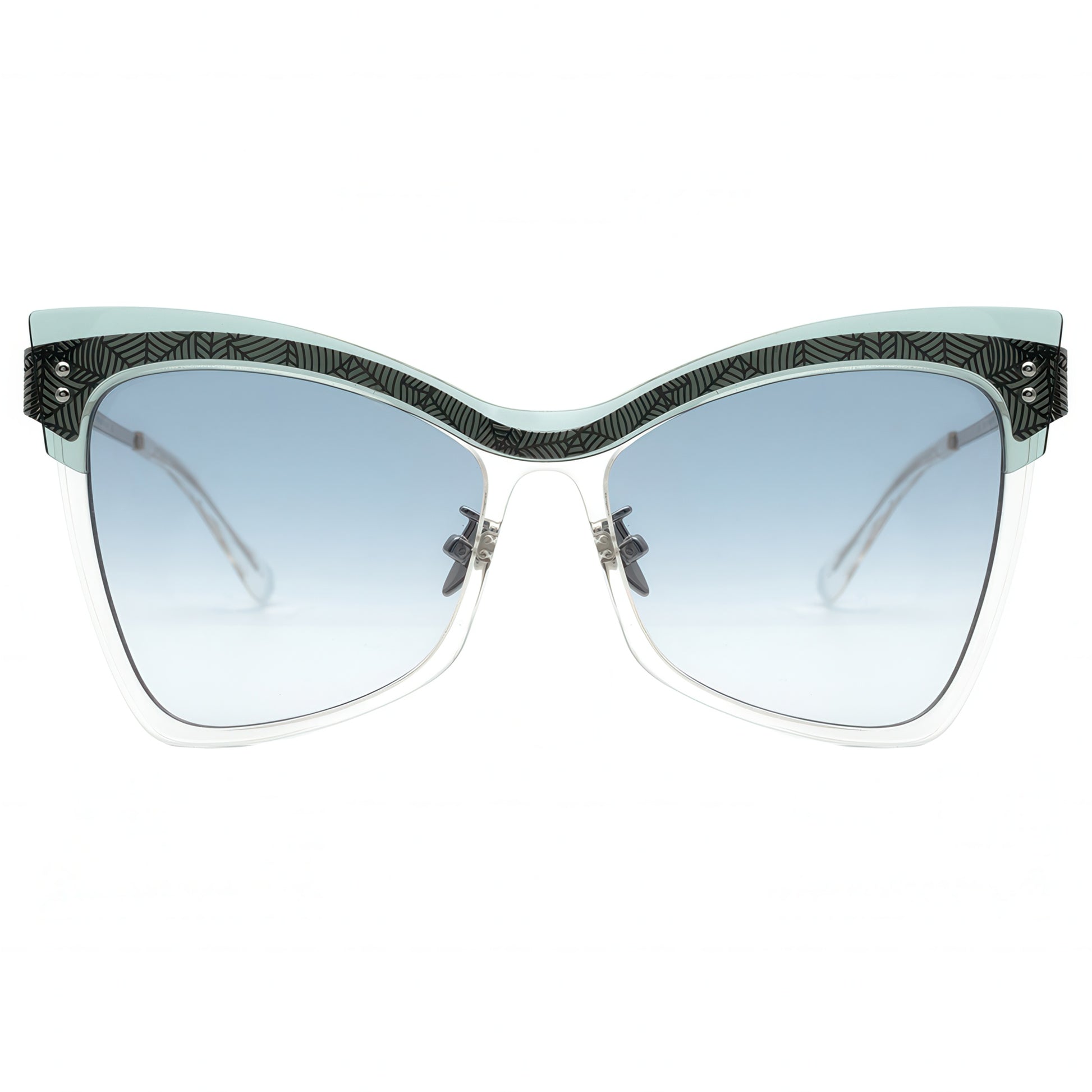 Butterfly sunglasses with blue lenses on a white background