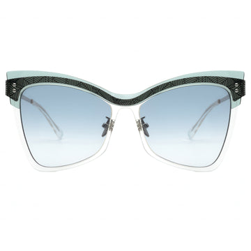 Butterfly sunglasses with blue lenses on a white background