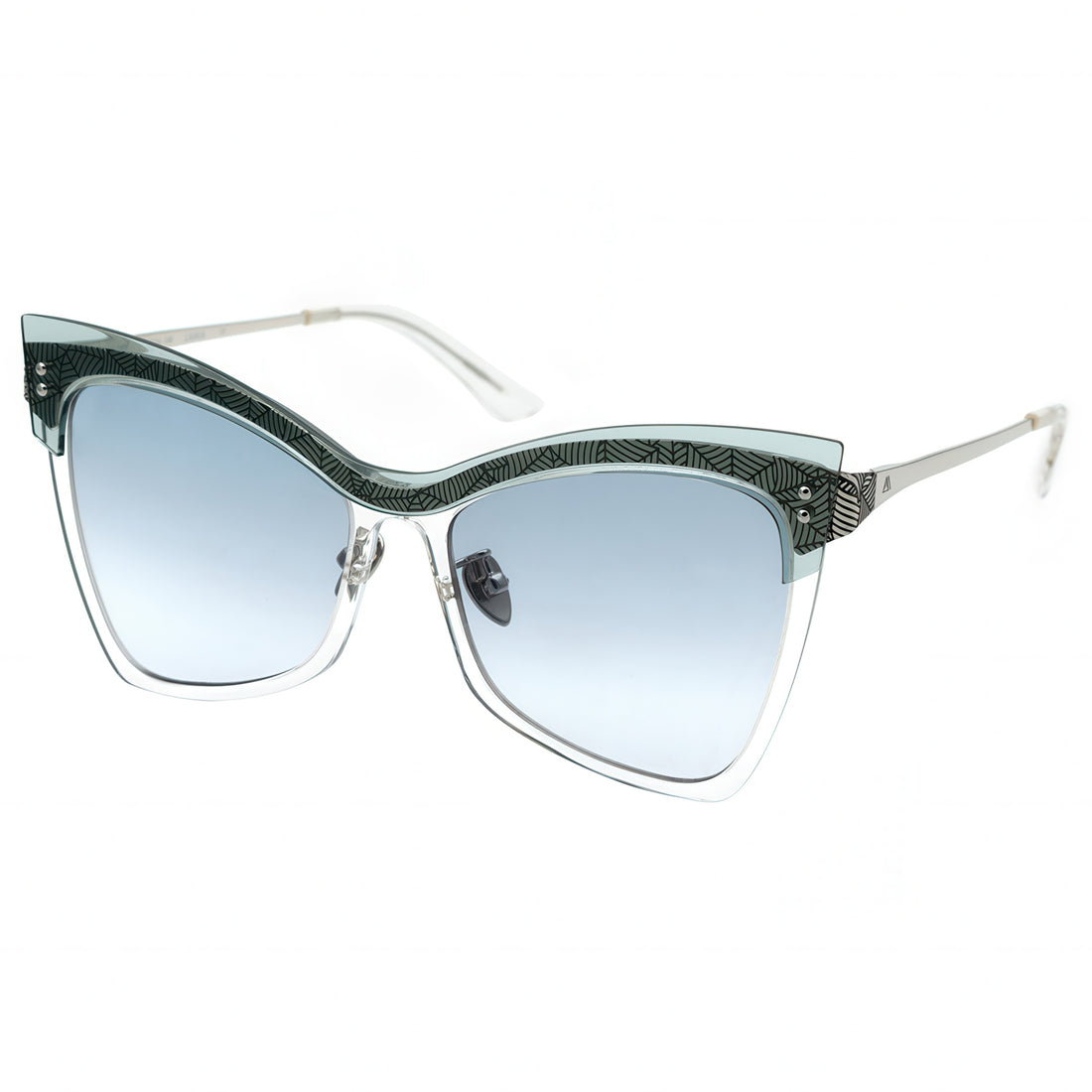 Butterfly sunglasses with blue lenses on a white background