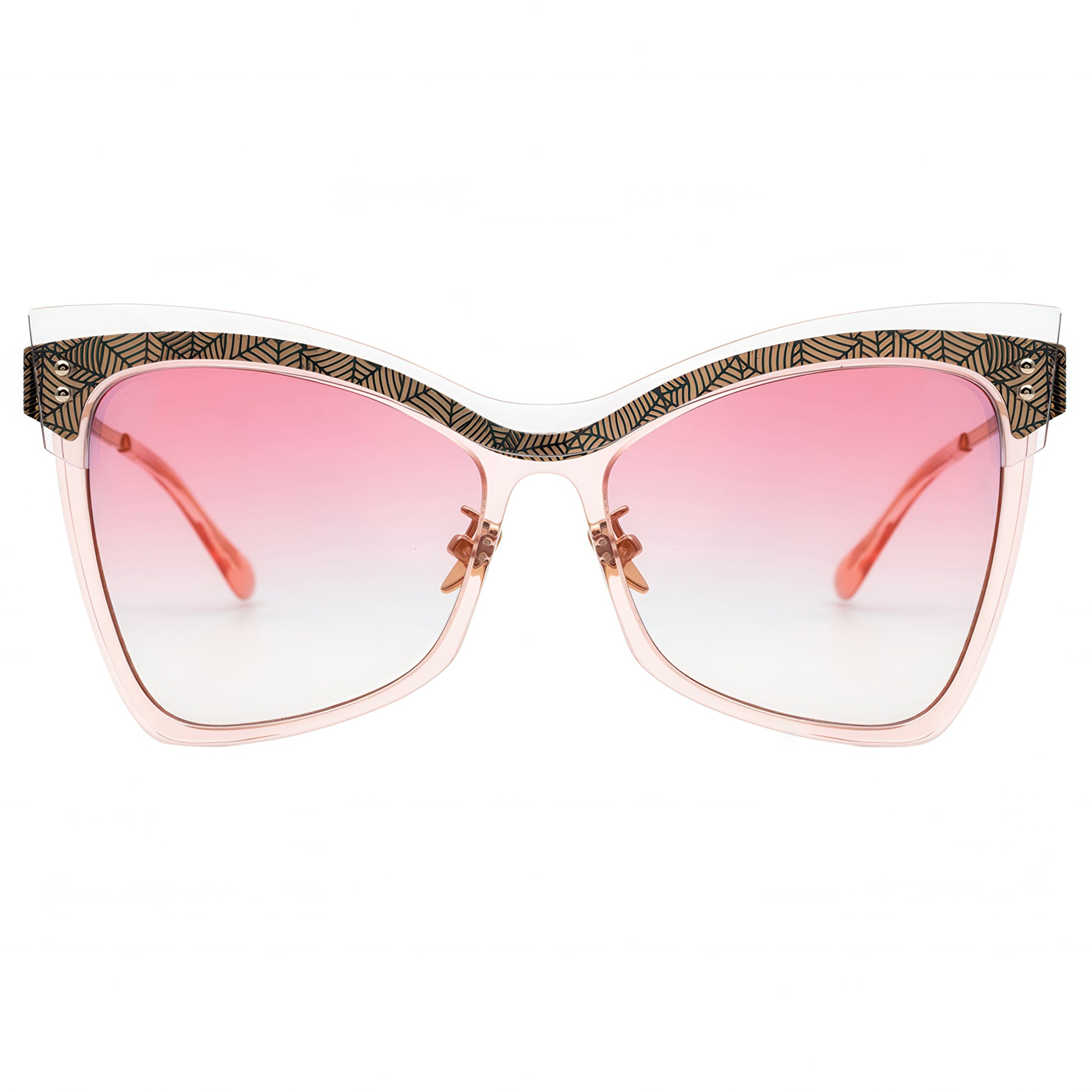 Butterfly sunglasses with pink gradient lenses and a decorative frame on a white background