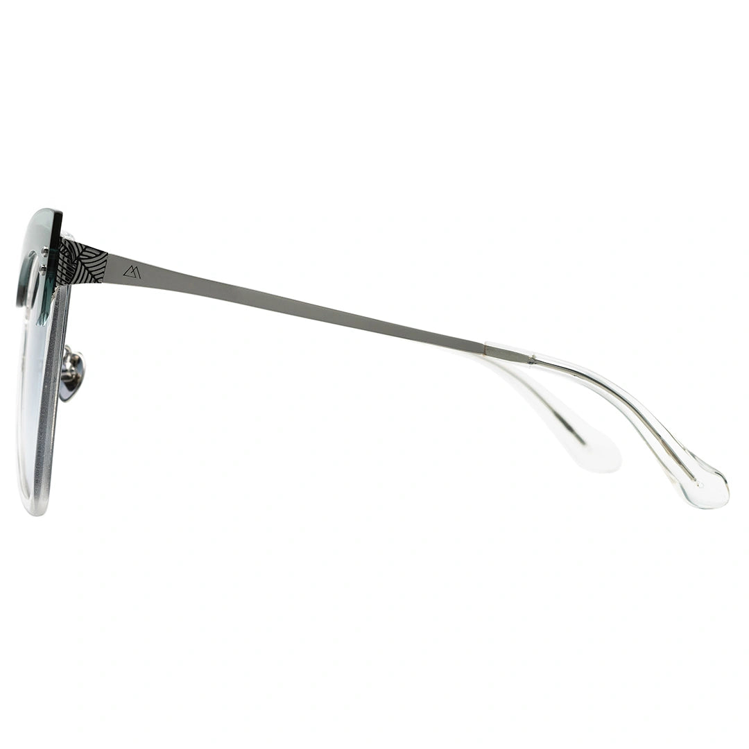 butterfly browline sunglasses. Blue gradient sunglasses with thin silver metal temple
