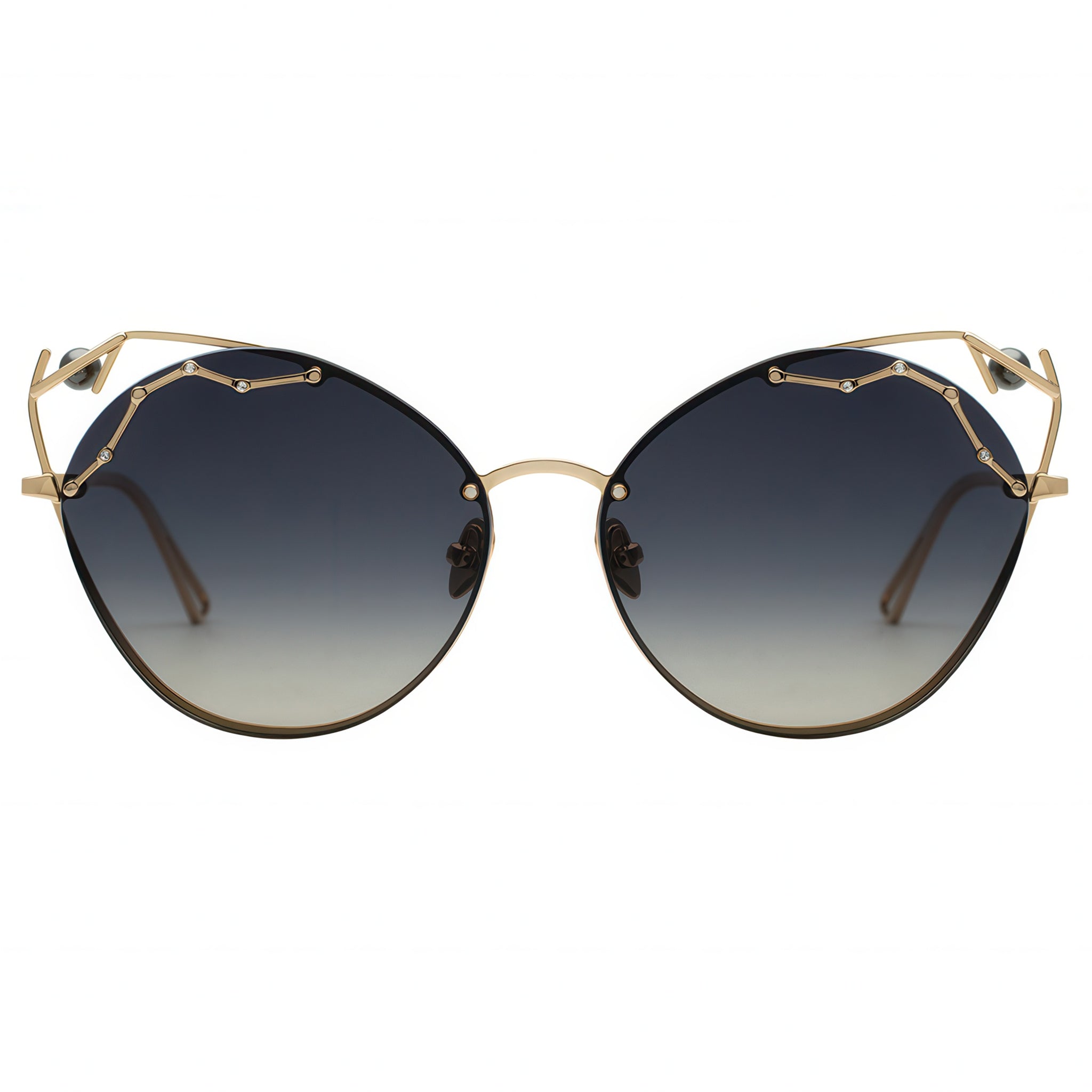 Sunglasses with gold frame and dark polarized lenses on a white background