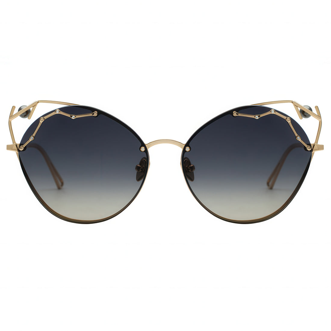 Sunglasses with gold frame and dark polarized lenses on a white background