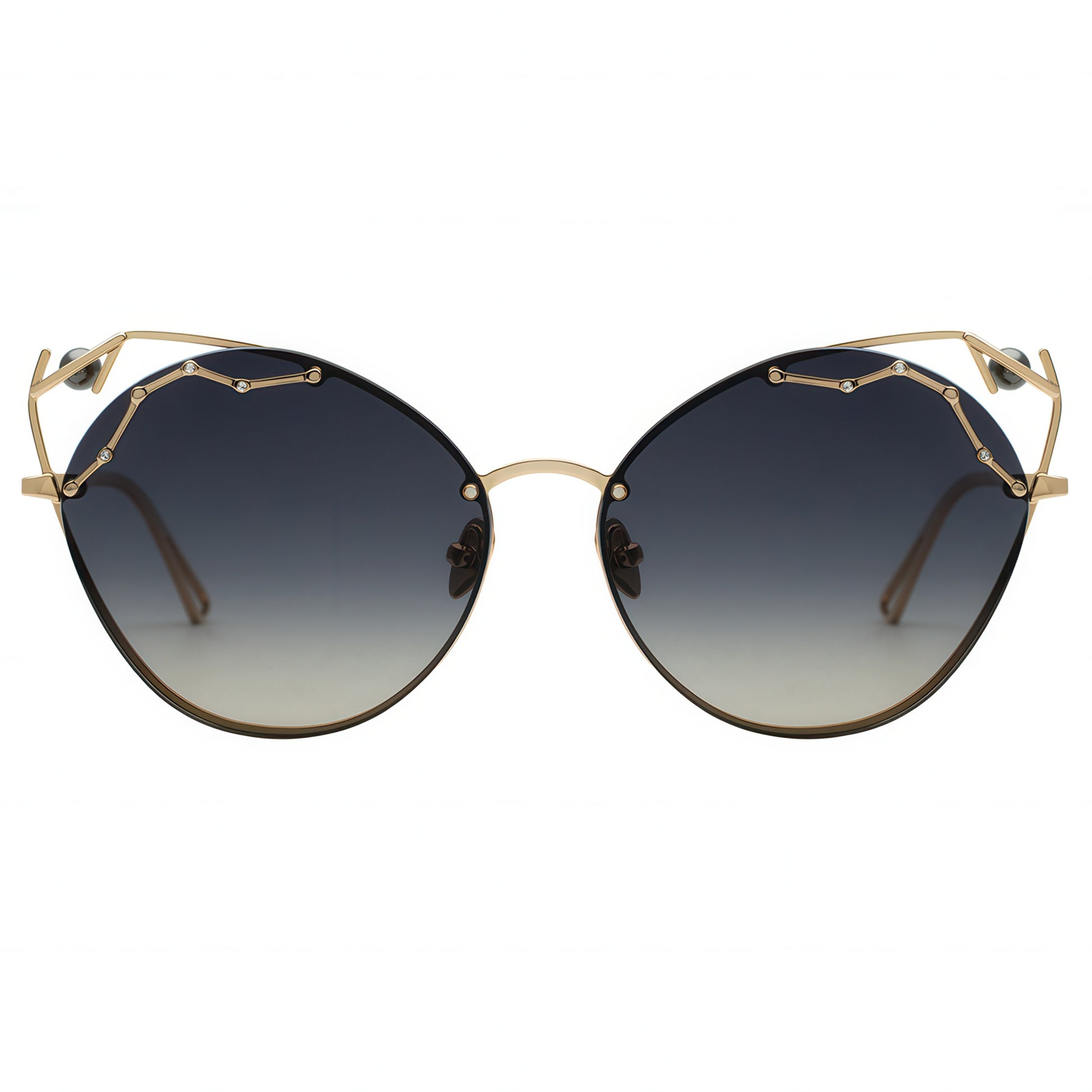 Sunglasses with gold frame and dark polarized lenses on a white background