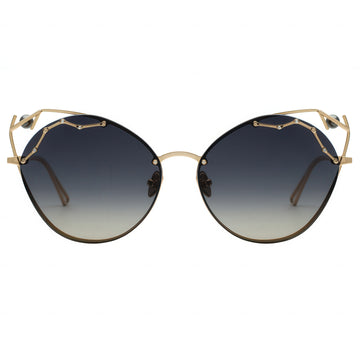 Sunglasses with gold frame and dark polarized lenses on a white background