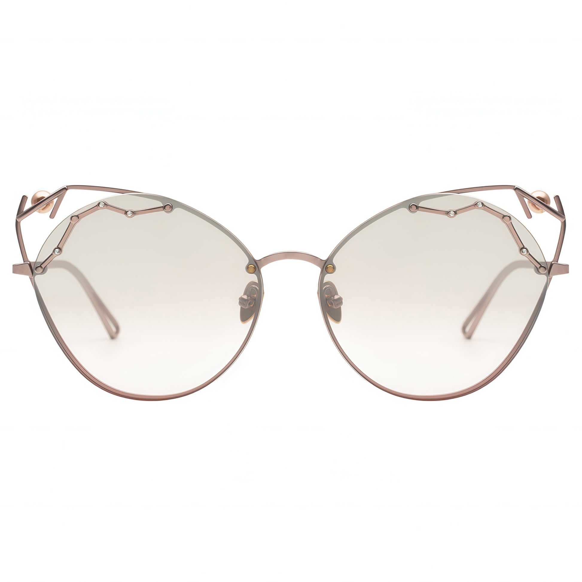 Sunglasses with rose gold frame and clear lenses on a white background