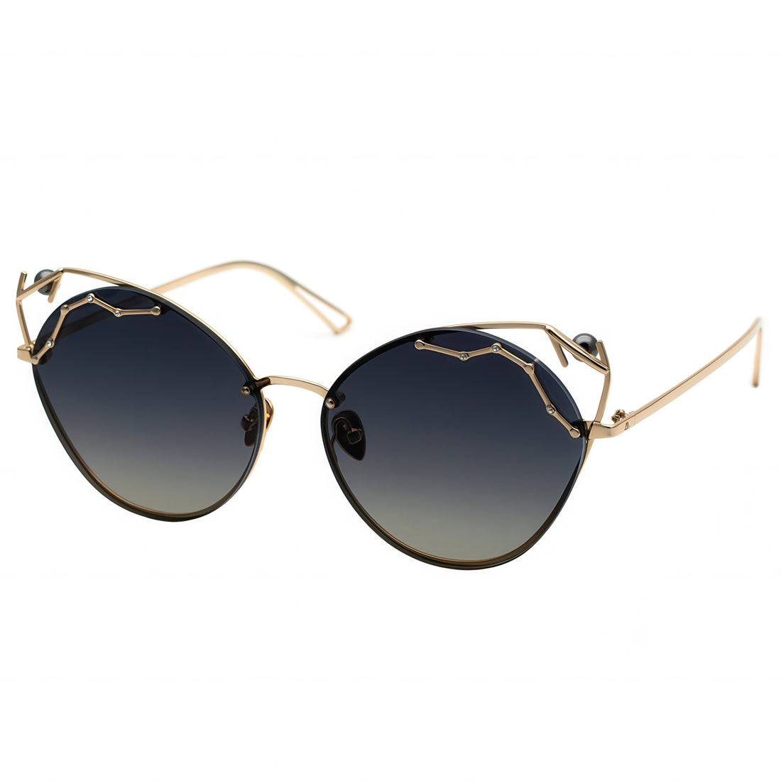 Sunglasses with gold frame and dark polarized lenses on a white background