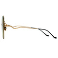Gold-framed sunglasses with black arms on a white background