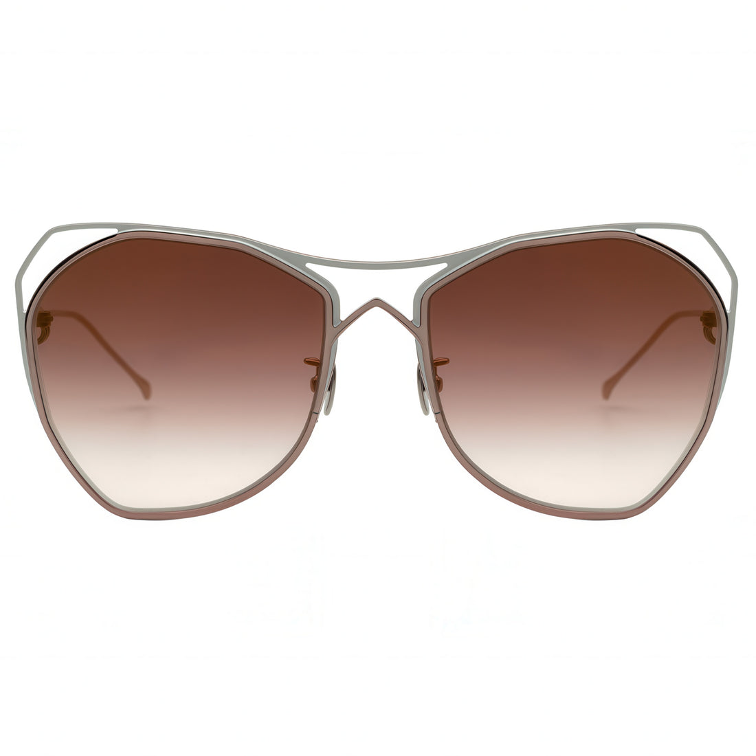 Sunglasses with gradient lenses and metallic frame on a white background
