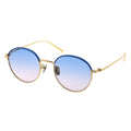 Round sunglasses with gold frame and blue-pink gradient lenses