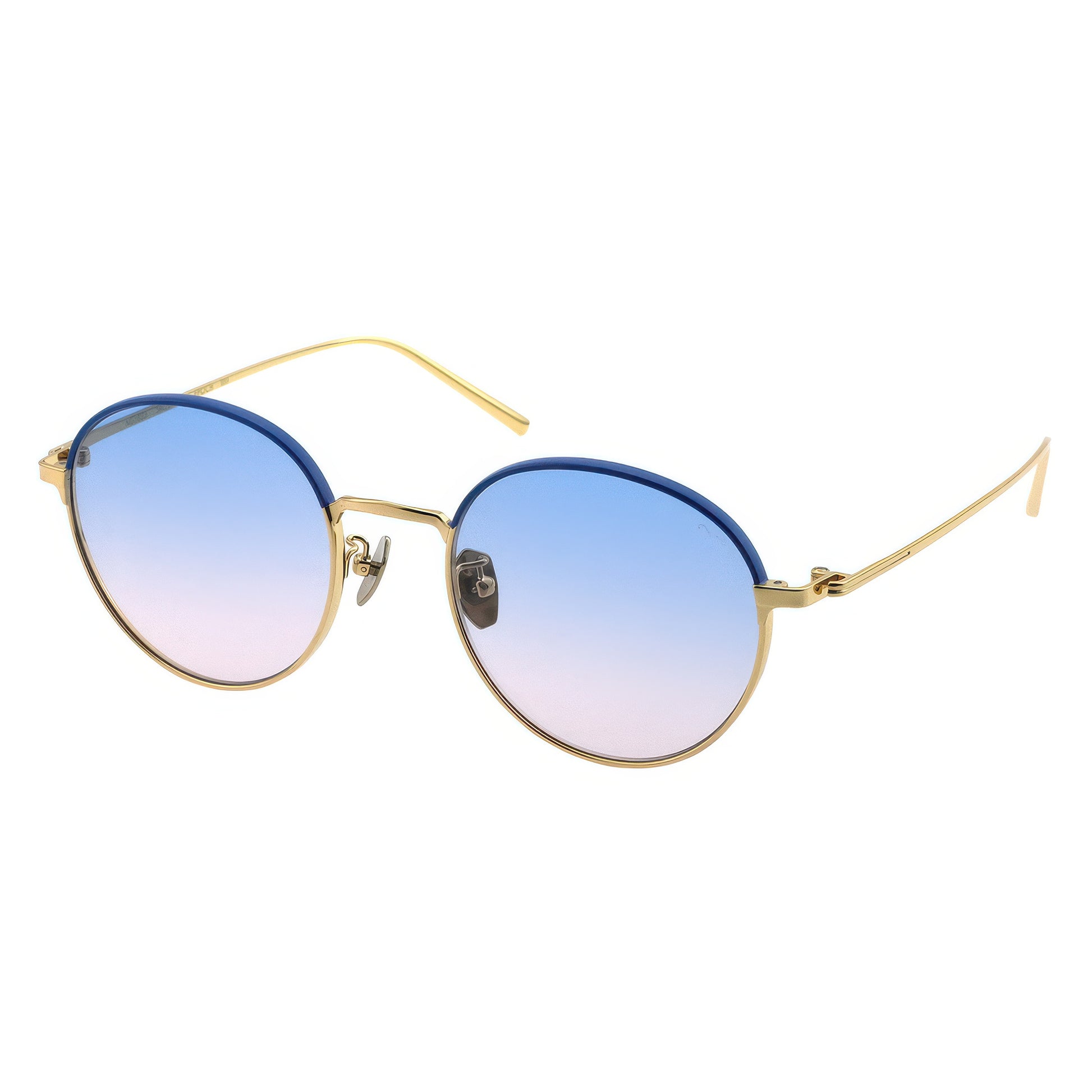 Round sunglasses with gold frame and blue-pink gradient lenses