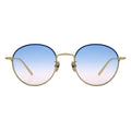 Round sunglasses with gold frame and blue-pink gradient lenses