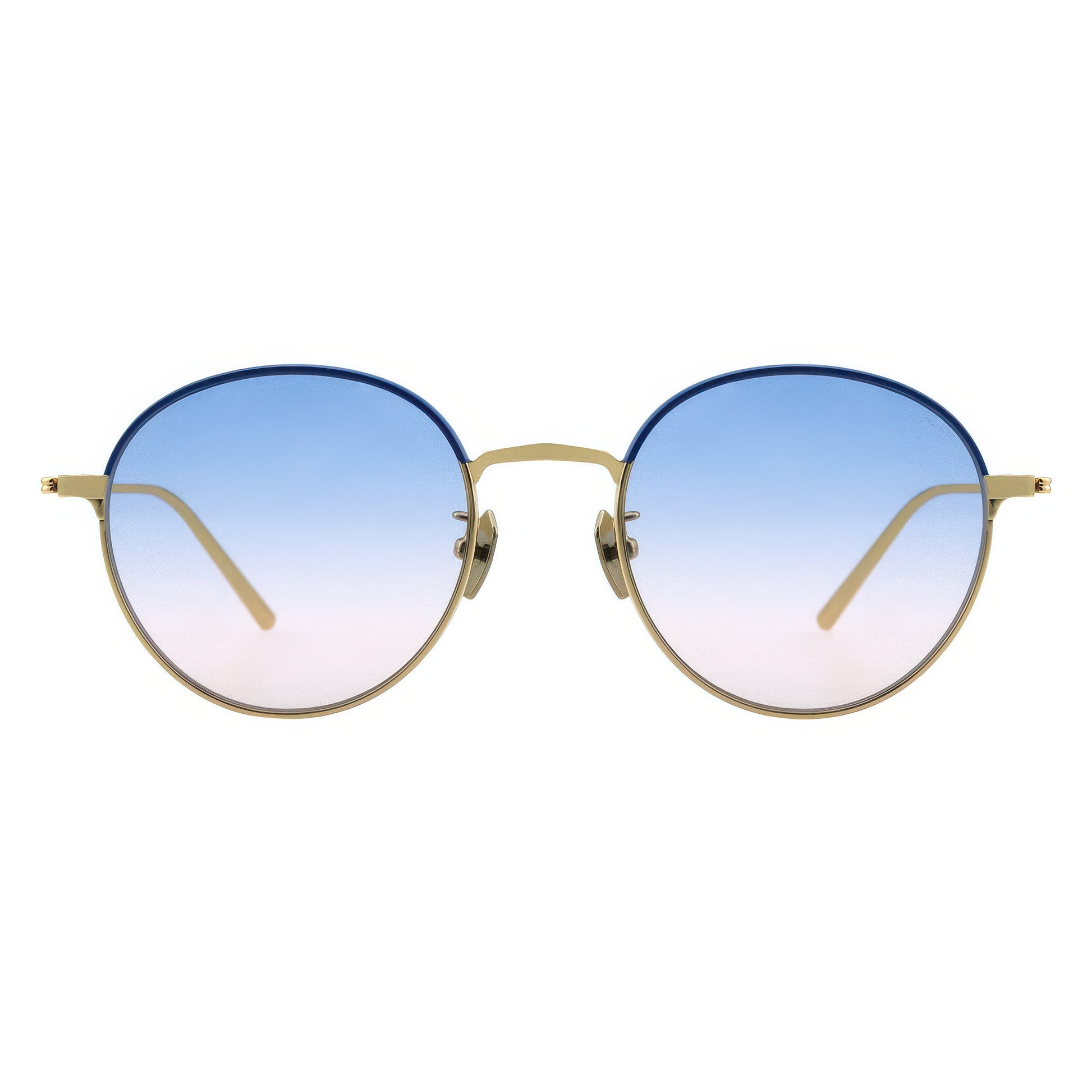 Round sunglasses with gold frame and blue-pink gradient lenses