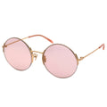 Round sunglasses with pink lenses and gold frames on a white background