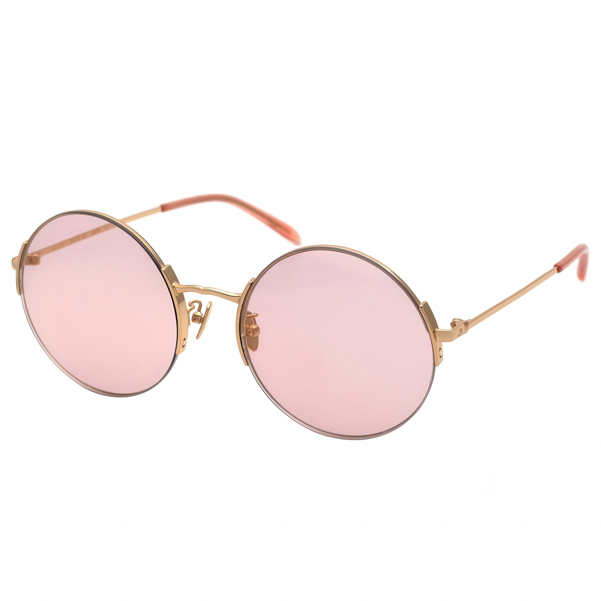 Round sunglasses with pink lenses and gold frames on a white background
