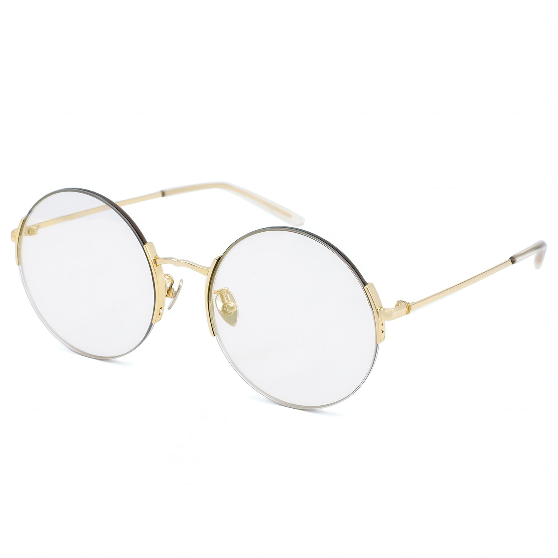Round eyeglasses with gold frame on a white background