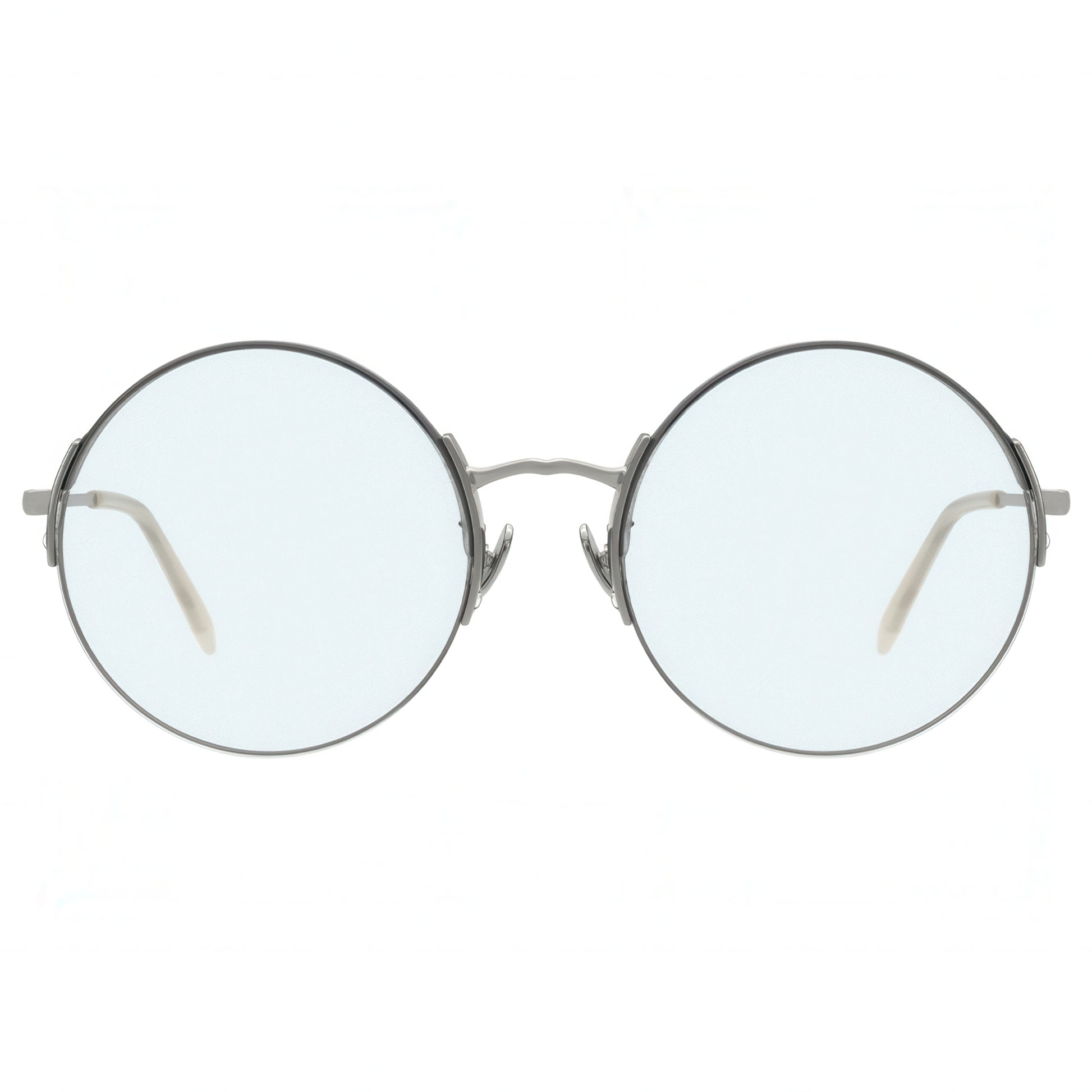 Round blue eyeglasses with thin metal frame on a white background