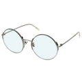 Round sunglasses with silver frame and light blue lenses on a white background