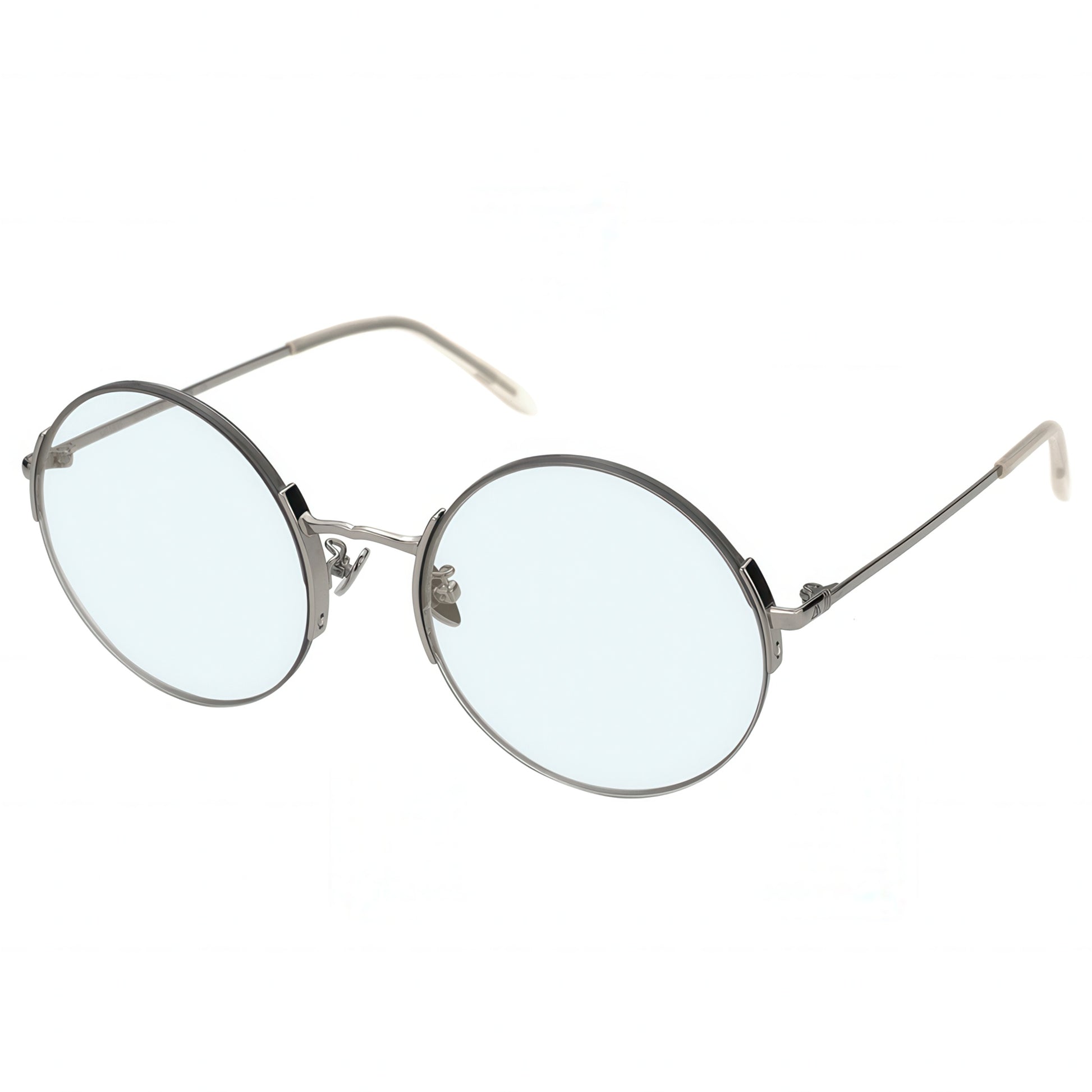 Round sunglasses with silver frame and light blue lenses on a white background