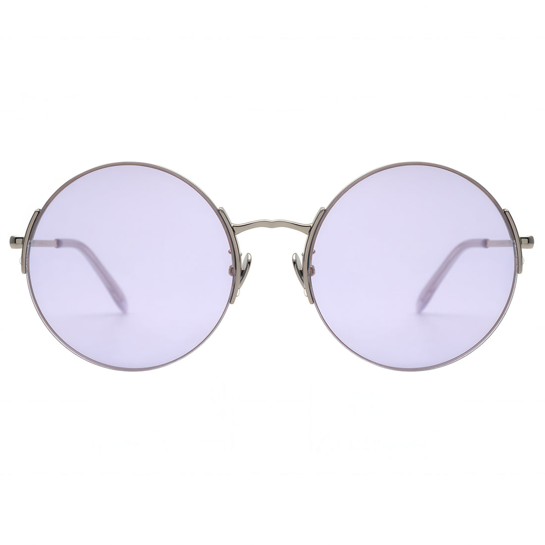 Round sunglasses with purple lenses on a white background