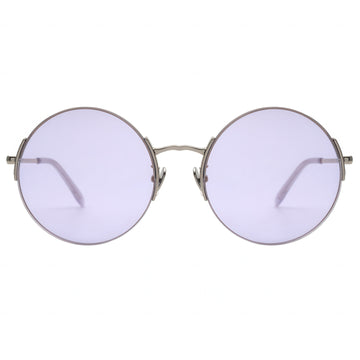 Round sunglasses with purple lenses on a white background