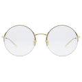 Round gold-framed eyeglasses on a white background