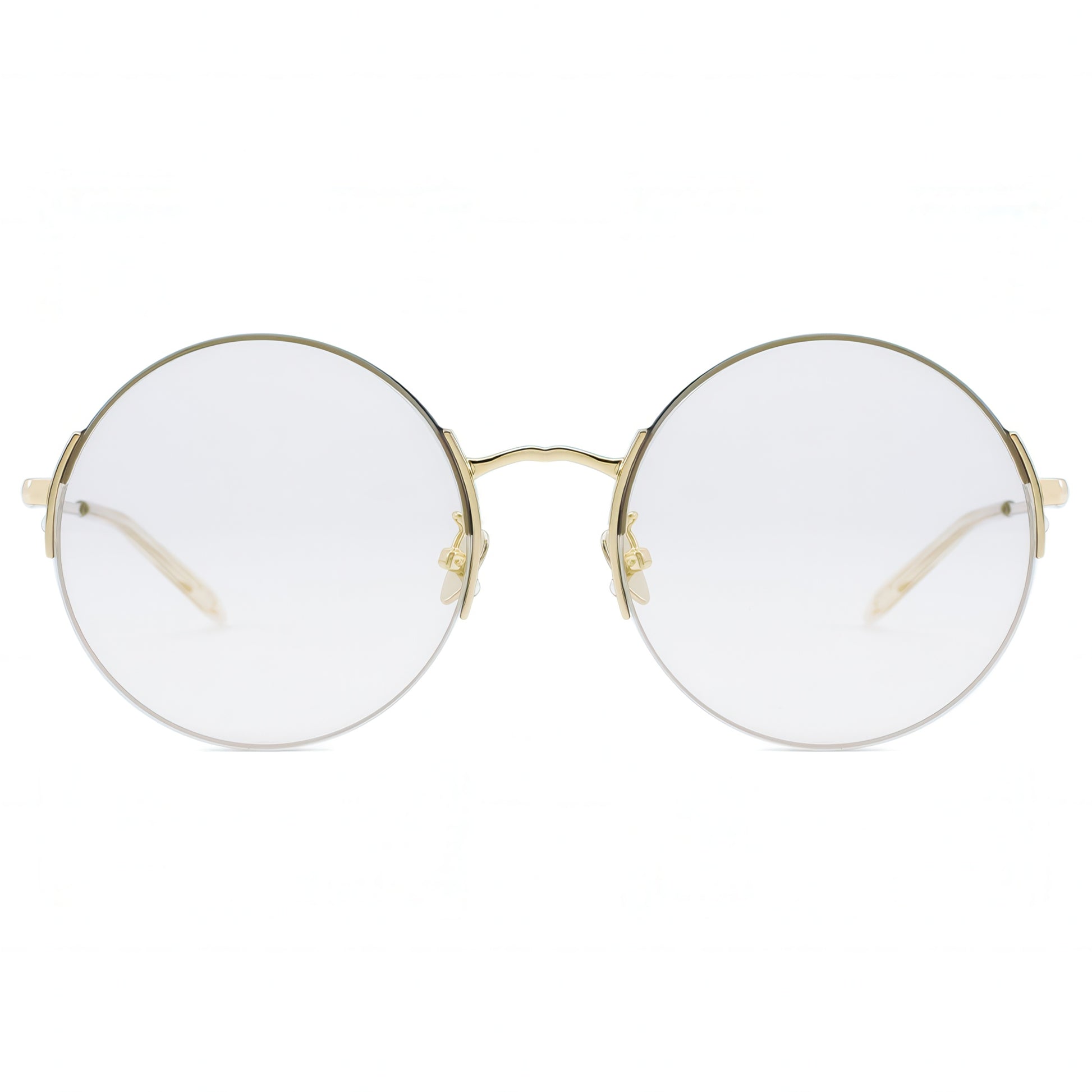 Round gold-framed eyeglasses on a white background