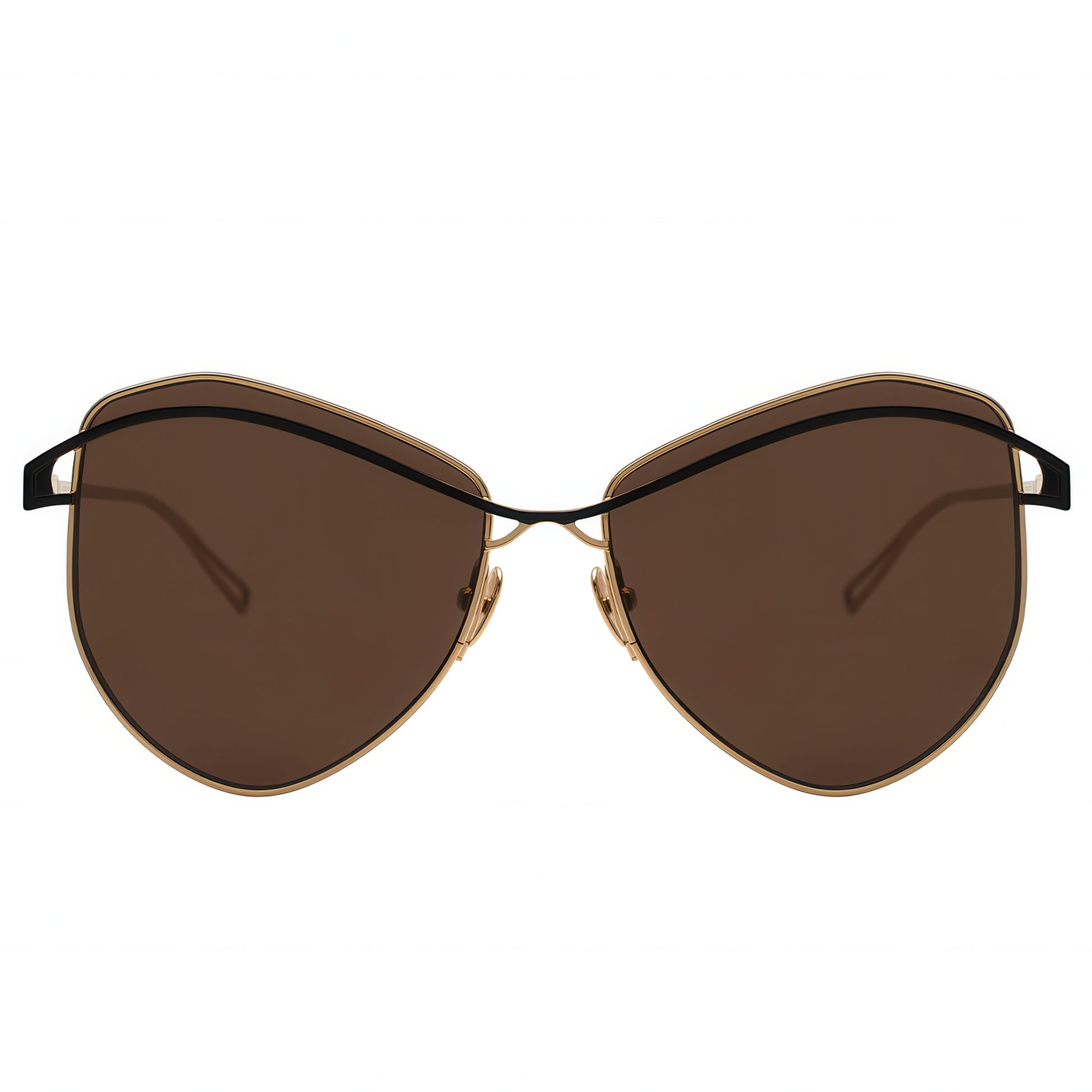 Sunglasses with brown lenses and gold frame on a white background